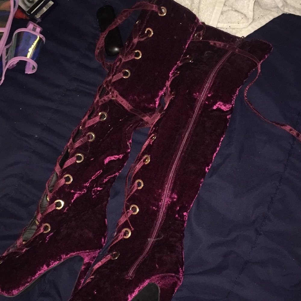 thought high burgundy velvet heels